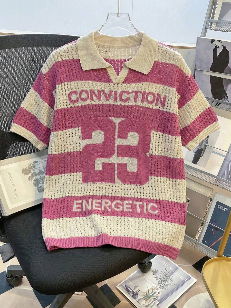 Manfinity Joysei 男士字母条纹图案街头风短袖针织上衣，春夏度假男士钩针衬衫针织衫 Y2k 钩针针织衫 - 玫紅色 - 查看 1