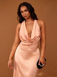 Veslaya Plus Size Women's Elegant Rose Gold Summer Satin Maxi Dress,Draped Neck Backless Silk Dress,Wedding Guest Formal Party Gala Vacation Halo Dress Y2k - Khaki - View 7