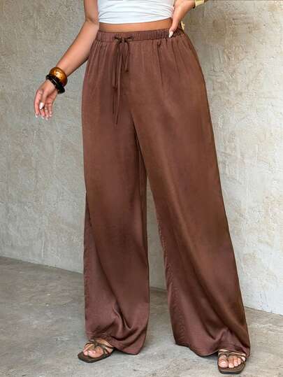 Rustia 大码女式棕色复古浪漫垂坠舒适缎面高腰抽绳阔腿休闲裤，收腰设计，常规版型，阔腿，休闲，春夏，海滩，度假，办公，通勤，居家，上学，适合春、夏、秋季，四季皆宜