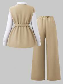 SHEIN Bộ đồ 2 món phối màu ngẫu hứng thường ngày cho nữ tuổi teen, phong cách cơ bản cho mùa thu/đông. - Màu Khaki - Xem 2