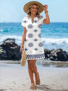 Sylviya Đầm ngắn cổ chữ V tối giản, phong cách thường ngày dành cho nữ, thích hợp cho mùa xuân/hè. - Xanh và trắng - Xem 5