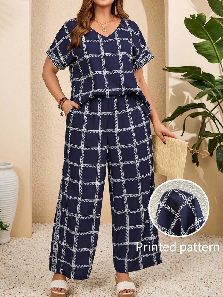 Plus Size Casual Plaid Print Shirt And Pants 2 Pieces Set Plus Size Two Piece Set Women Plus Size Clothing Plus Size Pants Set Plaid Two Piece Set, Summer Outfits