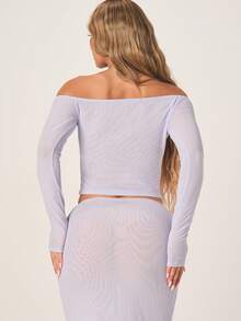 MISSGUIDED Women's Mesh Off Shoulder Long Sleeve Top With Sequin Floral Applique Detail Bardot Style Elegant Evening Blouse - Mauve Purple - View 3