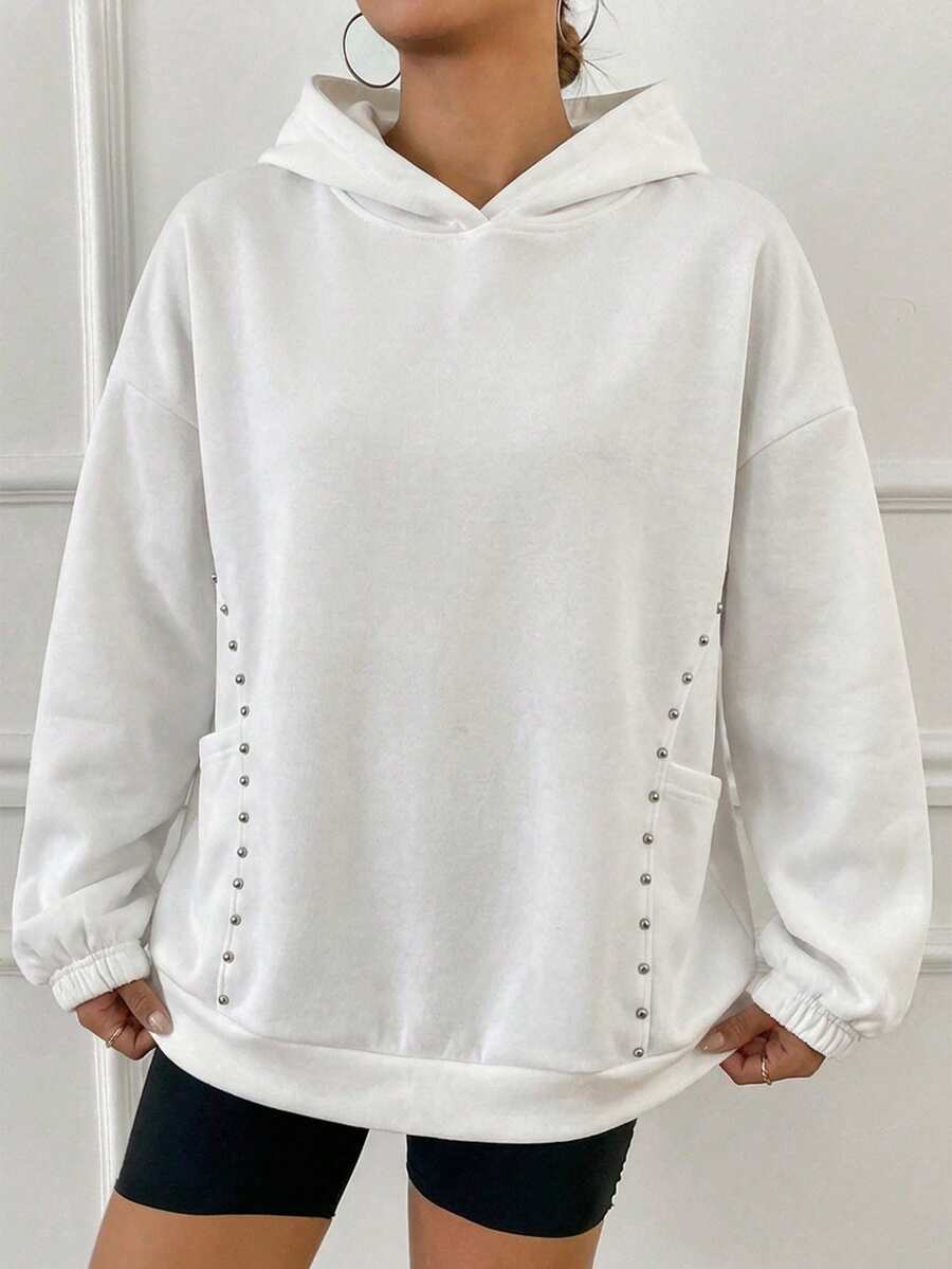 Women's Casual Black Hooded Sweatshirt, Embellished With Rhinestones, Dropped Shoulder Long Sleeves, Kangaroo Pocket, Slightly Stretchy Fabric, Regular Length, Ribbed Knit Hem - White - View 1