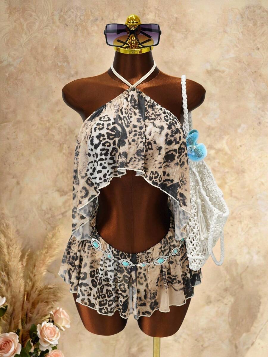 Mistrie Sexy Backless Asymmetrical Hem Leopard Print Mini Dress, Summer Unique Design Chic Bodycon Dress - Multicolor - View 1