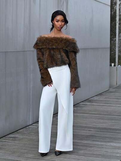 Mima John Women's Elegant Simplistic Fashion Short Brown Oblique Shoulder Faux Fur Coat, Autumn/Winter