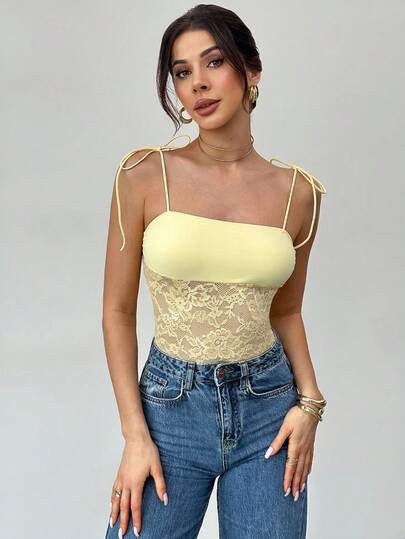 Firerie Women's Elegant Minimalist Romantic Date Beach Vacation Music Festival Outdoor Activity Bodysuit, Yellow Spaghetti Strap Lace Patchwork Sexy Fitted Bodysuit, Beach Vacation, Spring/Summer New Arrival