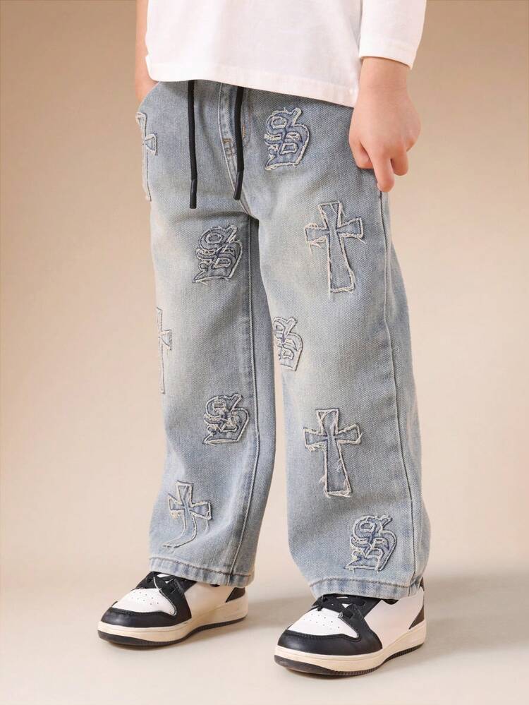 Boys Vintage Wash Denim Pull On Jeans With Cross Applique And Gothic Letter Embroidery Casual Relaxed Fit Wide Leg Pants