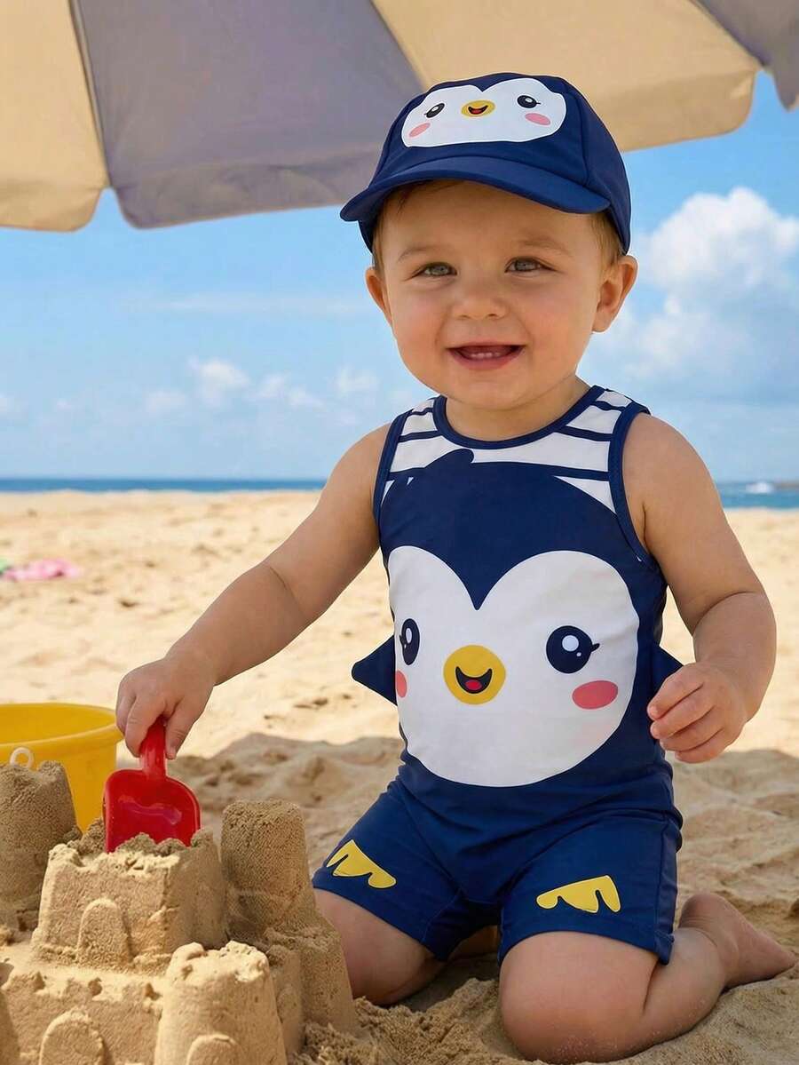 SHEIN Baby Boy/Girl Blue Summer Dolphin Print Sleeveless Zipper Romper Swimsuit With Cute Dolphin Print Hat, 2pcs Set, Suitable For Beach, Swimming, Vacation - Multicolor - View 1
