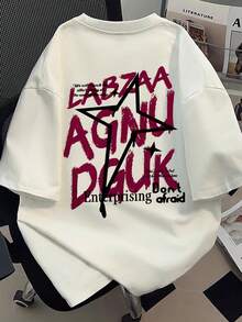 EMERY ROSE 女式涂鸦风格名人图案休闲T恤街头服饰 - 创意标语印花宽松落肩T恤美式复古高街嘻哈风格字母休闲T恤 - 白色 - 查看 3