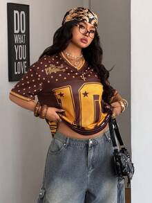 Coolane T-shirt de football à motif numérique vintage, respirant et en maille pour femmes en taille plus, style Y2K streetwear - Tabac - Voir 6