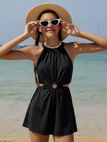 Teen Girls' Backless Halter Romper For Summer Beach Vacation, Hawaii Beach Holiday - Black - View 4