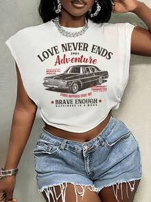 Slaydiva Plus-Size Retro Street Style Car Print T-Shirt For Music Festivals, Casual And Simple, Perfect For Summer Wear. - White - View 2