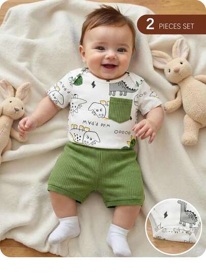 SHEIN 新生女宝宝可爱卡通印花针织短袖连体衣和短裤套装，夏季
