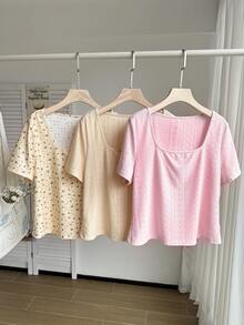 Comfortcana Bộ 3 áo thun cỡ lớn họa tiết hoa jacquard cổ vuông tay ngắn, kiểu dáng thường ngày, thích hợp cho kỳ nghỉ xuân/hè. - Nhiều màu - Xem 3