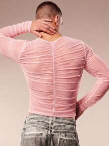 FeverCity Camiseta ajustada de malla transparente y fruncida para hombre - Rosa - Ver 2