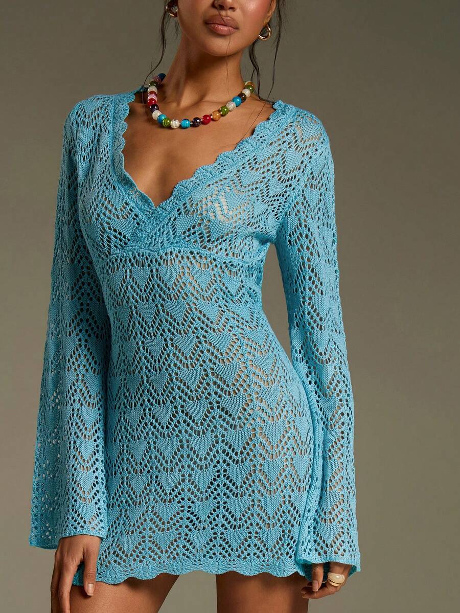 Athîral Women's V-Neck Long Sleeve Hollow Design Knitted Dress - Blue - View 1