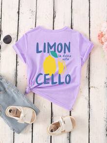 SHEIN Young Girl Letter & Lemon Print Round Neck Short Sleeve Casual T-Shirt - White - View 2