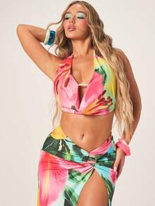MISSGUIDED Damen Tropical Blumen Muster Trägertop und Wickel Maxi Rock Zwei-Teiler Urlaubs Strand Resort Sommer Koordinations-Set - Verschiedenfarbig - Übersicht 2