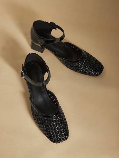 Rosivie Vintage French Woven Mary Jane Shoes, Patent Leather Chunky Heel Hollow Square Toe Pumps, Niche Perforated Square Toe Low Heel Sandals