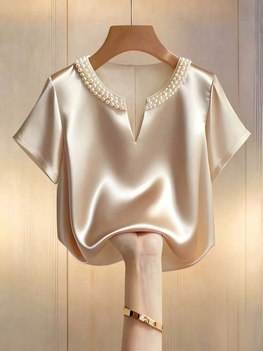 Franclia Women's Champagne-Colored Elegant Satin Round Neck V-Neck Sleeveless Blouse, Summer Holiday, Vacation, Commuting, Showcasing Everyday Elegance - Champagne - View 1