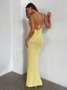 Aloruh 女士优雅性感薄纱沙滩度假钩针罩衫，浅黄色长款针织连衣裙 - 淡黃色 - 查看 4