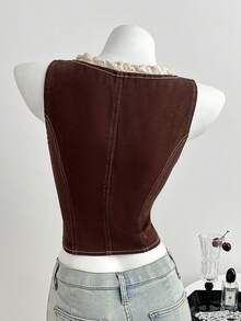 Elamini Fashionable Sweet Lace Washed Denim Camisole Top - Brown - View 2