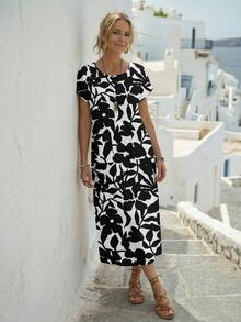 EMERY ROSE Women's All-Over Print Round Neck Pocket Casual Daily Vacation Dress - Multicolor - View 3