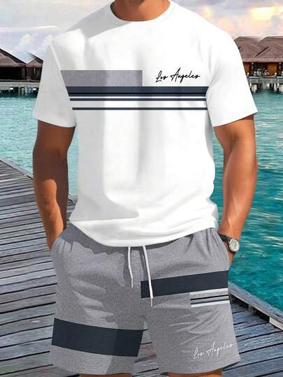 Manfinity Homme 2pcs/Set Men's Los Angeles Slogan Graphic Round Neck Short Sleeve T-Shirt And Drawstring Shorts, Casual Outdoor Minimalist Outfit