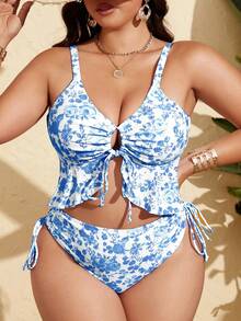 Swim Mod Traje de baño de dos piezas con top halter con volantes y estampado floral pequeño para mujer de talla grande - Azul - Ver 5