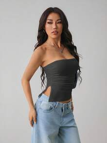 SHEIN PETITE Women's Solid Color Ruched Side Slit Hem Bandeau Top,Summer Top - Grey - View 6