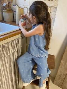 DAZY 女童（小号）圆领刺绣无袖衬衫和宽松裤子两件套度假套装 - 淺藍色 - 查看 4