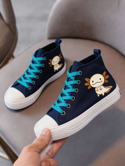 zapatillas de lona para niños y niñas lona color básico con cordones brillosos altos confort 100% lona excelente calidad dibujo de ajolote tierno liso 13 al 21 mx colores básicos liga negro rosa suela liga