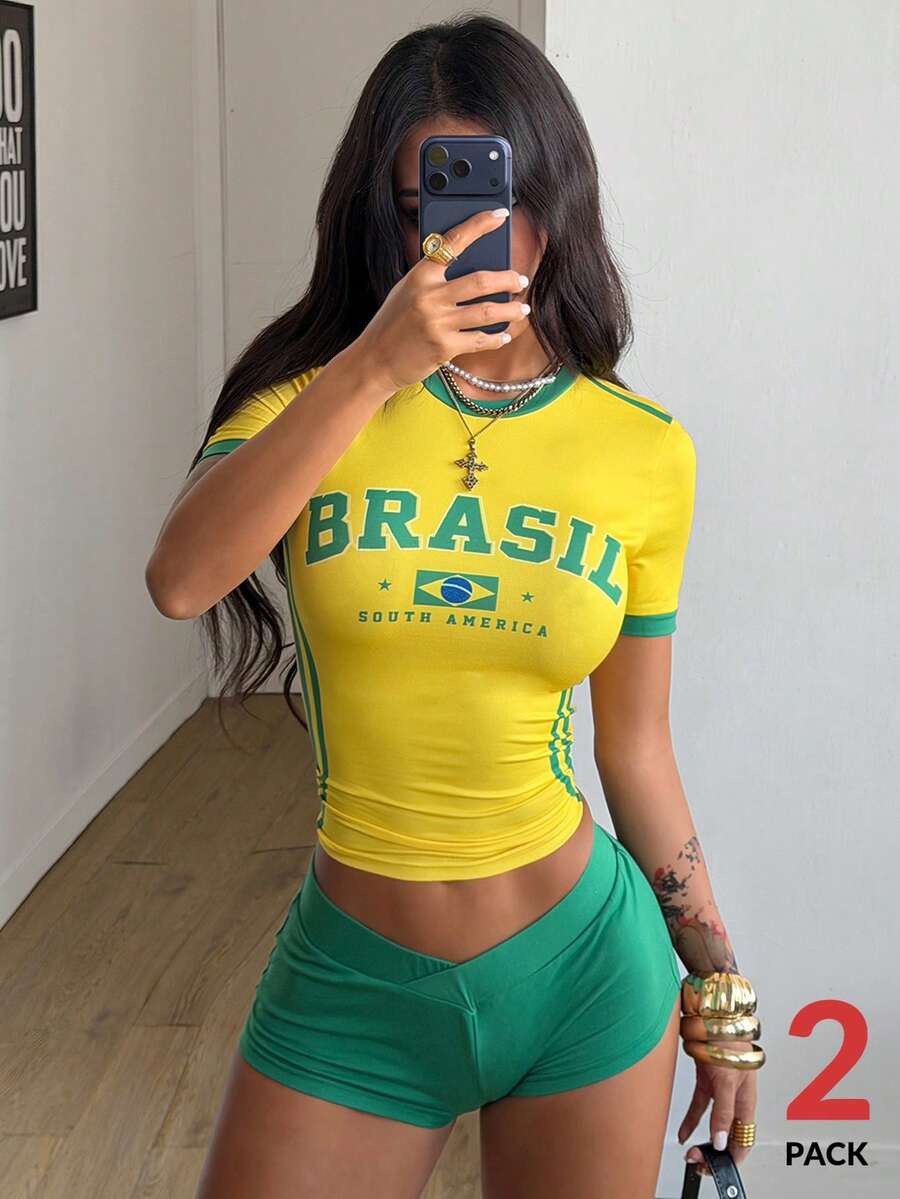 Coolane 女士春夏节日外出街头服饰比赛日运动休闲运动服图案弹力舒适足球黄绿抹胸T恤和低腰毛衣短裤，2件套，适合巴西狂欢节 - 彩色 - 查看 1
