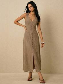 Poéselle 女士条纹单排扣V领无袖休闲连衣裙 - 卡其色 - 查看 4