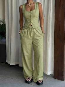 SHEIN EZwear 女士亚麻吊带背心和裤子休闲度假套装，灰绿色，夏季连体裤，女士休闲连体裤，绿色连体裤，女士绿色连体裤，女士橄榄绿连衣裙，亚麻裤套装，两件套，绿色服装，亚麻连体裤，女士绿色亚麻，绿色亚麻套装，女士亚麻上衣，女士亚麻服装，绿色夏季套装，女士亚麻裤，亚麻服装，女士亚麻套装，夏季亚麻套装，亚麻套装，女士绿色亚麻裤套装 - 橄欖綠 - 查看 3