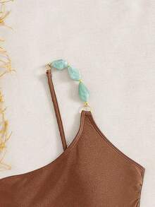 Swim Chiccia Women's Summer Beach Music Festival One Shoulder Shiny Nylon Brown Beaded Elegant Vacation Style One Piece - Brown - View 5
