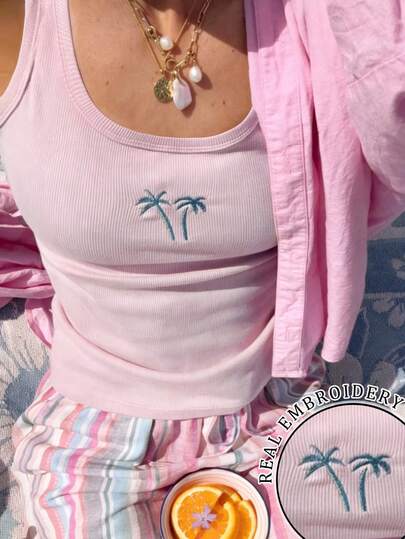 Sundraya Women's Regular Palm Tree Embroidered Ribbed Casual Tank Top