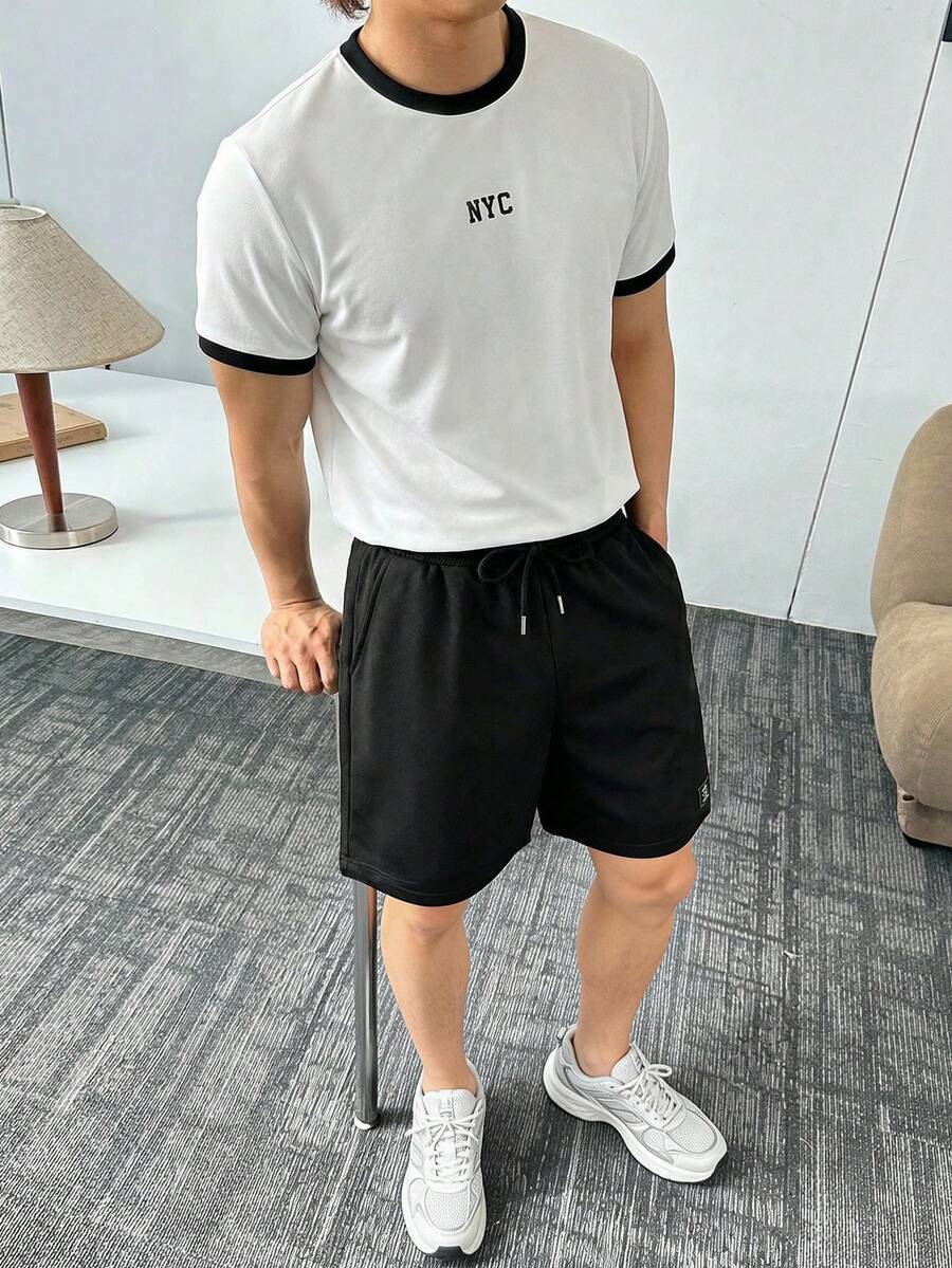 SWAVVY Men's Letter Print Round Neck Short Sleeve T-Shirt And Drawstring Waist Shorts Casual Set, Mens Casual Short Set - Black and White - View 1