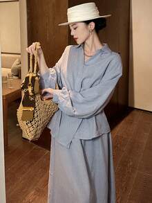 DAZY 女士休闲系带衬衫和裙子两件套，春夏款 - 藍色 - 查看 4