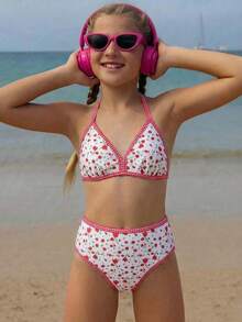 SHEIN Tween Girl Floral Print Halter Bikini And Triangle Panty Swimsuit Set - Multicolor - View 6