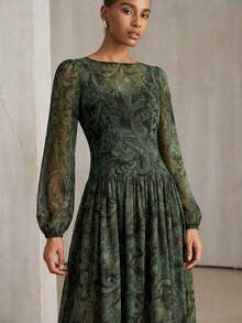 Aveloria Modichic Minimalist Chiffon Polka Dot Retro Lightweight Long Sleeve Dress (Random) - Green - View 2