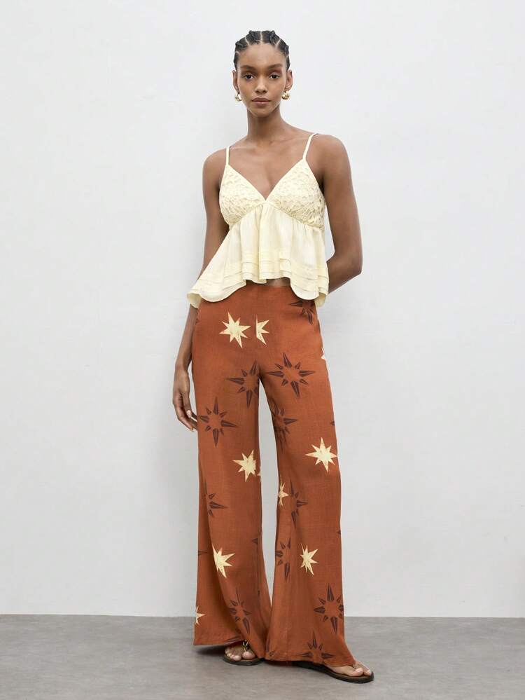 SHEIN Maija Pants Star & Sun Print Women's Wide Leg Pants, Vacation Style Suitable For Beach, Island Travel, Versatile And Comfortable Work For Women Pants Women Women Wide Leg Pants Boho Pants Flare Pants Western Pants Star Print Pants Wide-Leg Pants Festival For Women Summer Pants Cute Pants For Woman Star Pants Wide Leg Pants Woman High Waist Pants For Women Casual