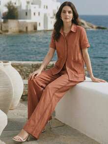 Anewsta 新款夏季度假套装，蕾丝镂空宽松衬衫搭配舒适侧镂空阔腿裤，时尚女士休闲套装 - 珊瑚橙 - 查看 3