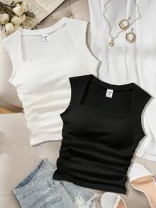 SHEIN 少女黑白罗纹褶皱腰无袖方领吊带背心分层套装 - 黑與白 - 查看 6