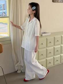 DAZY Tween Girls' Dropped Shoulder Short Sleeve Loose Front Button Casual Comfortable Loungewear Summer - White - View 5
