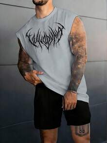 GymBeat 男士哥特风印花休闲运动背心，夏季 - 淺灰色 - 查看 4