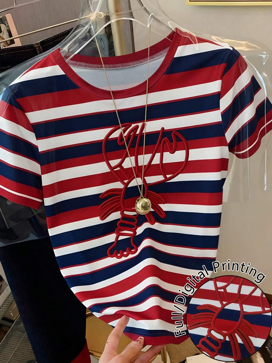 Resyla Women's Round Neck Striped Lobster Embroidery Casual Versatile Daily Wear Short Sleeve T-Shirt - Multicolor - View 1