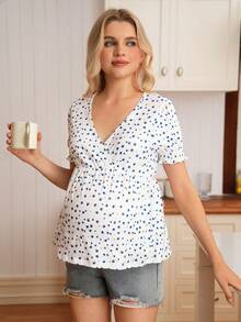 SHEIN Maternity Floral V-Neck Short Sleeve Nursing Top - Blue and White - View 5