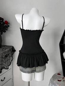 Sunspun 女士休闲褶裥吊带背心，拼接荷叶边饰边，荷叶领设计 - 黑色 - 查看 2